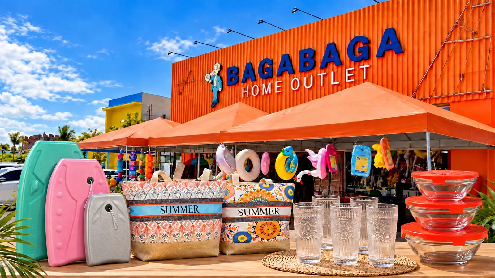 Fachada da Bagabaga Home Outlet com produtos de praia, bolsas, copos e potes